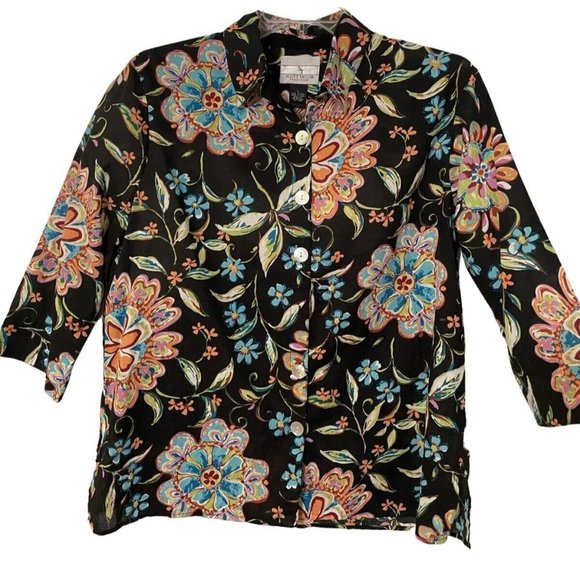 Scott Taylor Womens Top Floral 3/4 Sleeve Button Up Shirt Tropical Colorful - Picture 8 of 11
